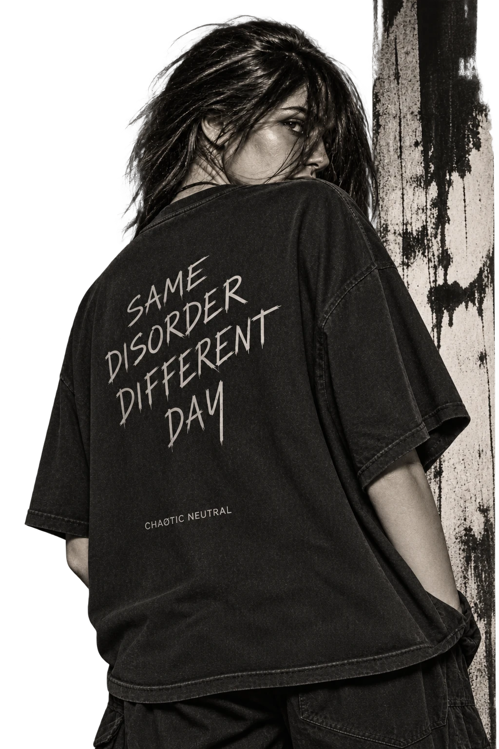 Model from behind wearing the Same Disorder Different Day tee
